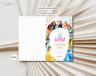 May include: A folded white card featuring Disney princesses and a castle illustration. The card says "THANK YOU" and includes the text "For being part of my magical celebration!" The card measures 15.24 x 12.7 cm unfolded and 7.62 x 12.7 cm folded.