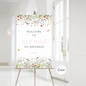 Panneau de bienvenue modifiable fleurs sauvages premier anniversaire 1er anniversaire panneau de bienvenue décoration personnalisée panneaux modèle de plaque de bienvenue fleurs sauvages 02