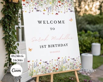 Wildflower Welcome Sign: Floral First Birthday Editable Canva Template Large Garden Party Decor Poster