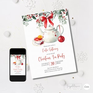 May include: A festive Christmas Tea Party invitation with a watercolor illustration. The design features a white teapot, a teacup with a slice of orange, and a red ornament. The invitation text is in red, with the date and time.