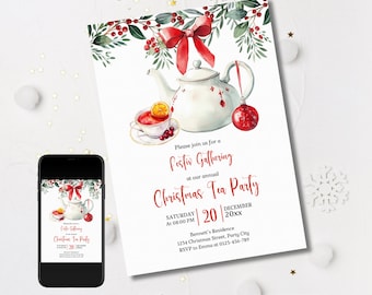 May include: A festive Christmas Tea Party invitation with a watercolor illustration. The design features a white teapot, a teacup with a slice of orange, and a red ornament. The invitation text is in red, with the date and time.