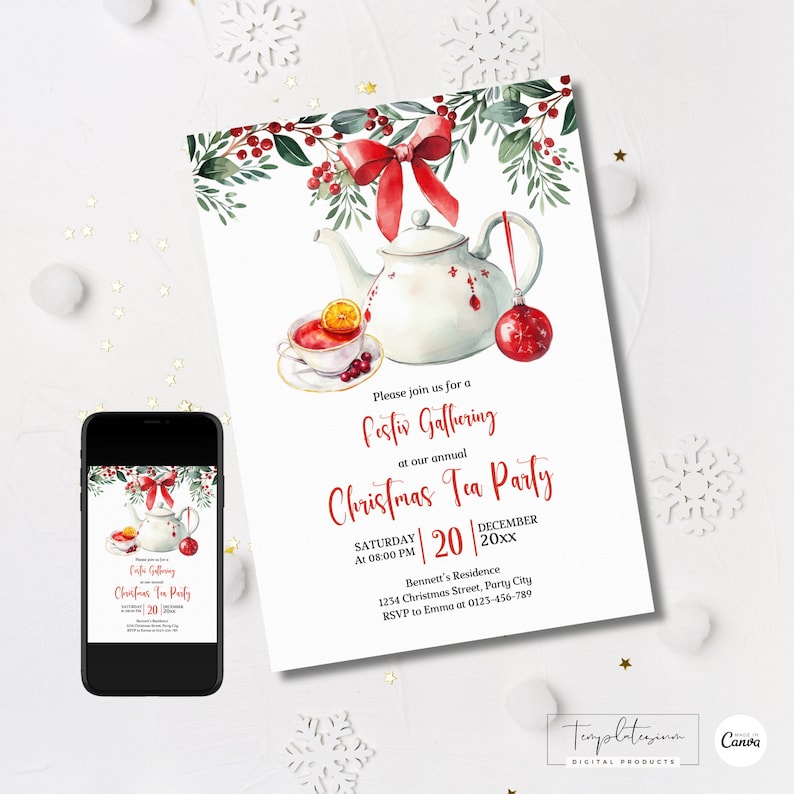 May include: A festive Christmas Tea Party invitation with a watercolor illustration. The design features a white teapot, a teacup with a slice of orange, and a red ornament. The invitation text is in red, with the date and time.