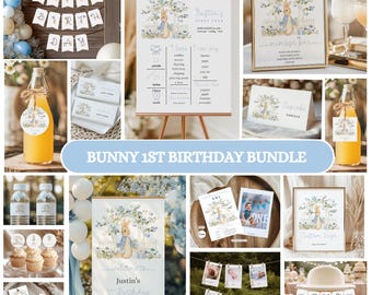Paquete de primer cumpleaños de Peter Rabbit: Plantillas digitales editables de Canva para fiesta floral azul de niño