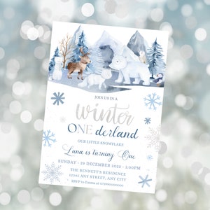 Editable Winter Onederland Birthday Invitation Boy Girl 1st Party Invite Baby Polar Bear Fox Owl Reindeer Woodland Card Instant Download