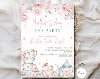 Invitación para la fiesta del té del Día de la Madre: Tetera floral rosa personalizada, descarga digital, plantilla Canva