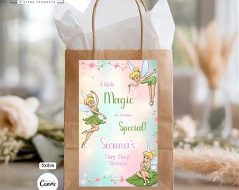 Etiquetas para bolsas de regalo de Campanilla, recuerdos de hadas, decoración para fiestas de cumpleaños, diseño personalizado para descargar digitalmente e imprimir en Canva.