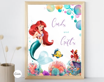 Bewerkbaar aangepast bord kleine zeemeermin, Ariel verjaardag decorsjabloon, prinses Ariel geschenken teken aanpasbaar bord, afdrukbaar decorbord verjaardag