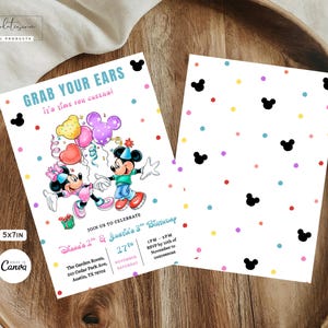 May include: Two 12.7 x 17.8 cm invitations with a Mickey and Minnie Mouse theme. One features the characters with balloons and text "Grab Your Ears, It's time for cheers!" The other has a white background with colourful dots and Mickey Mouse silhouettes.