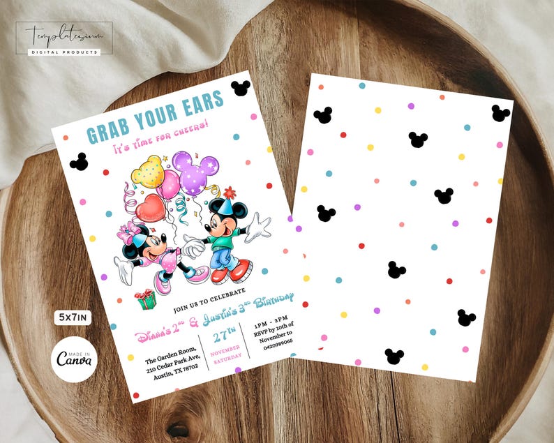 May include: Two 12.7 x 17.8 cm invitations with a Mickey and Minnie Mouse theme. One features the characters with balloons and text "Grab Your Ears, It's time for cheers!" The other has a white background with colourful dots and Mickey Mouse silhouettes.