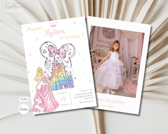 May include: A pink and white birthday invitation with a cartoon illustration of a princess and a castle. The invitation says "Princess Madison is turning 5" and includes the date "Saturday, March 15".