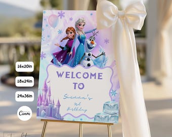 Letrero de bienvenida de cumpleaños de Frozen, decoración de fiesta de Elsa y Anna, plantilla editable de Canva, descarga digital
