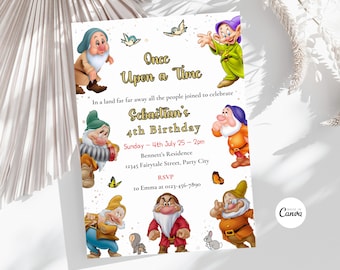 May include: Invitation to a 4th birthday party with a "Once Upon a Time" theme featuring illustrations of the seven dwarfs from the Disney movie Snow White. The invitation includes the birthday child's name, Sebastian, the date and time of the party, and the location.