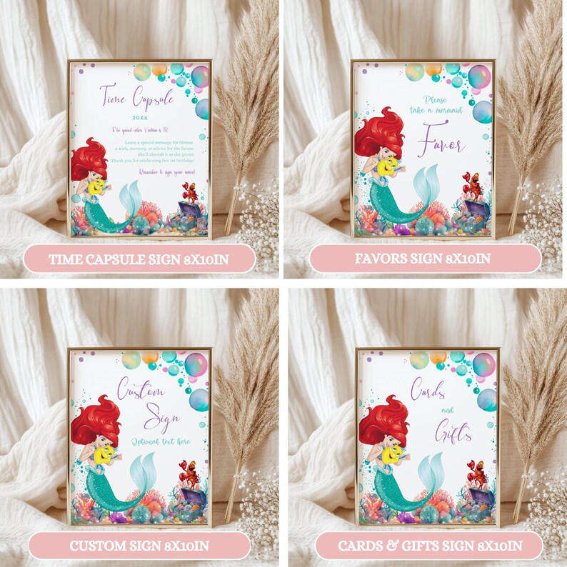 May include: Four framed signs with mermaid illustrations and text. The signs read "Time Capsule," "Favors," "Custom Sign," and "Cards & Gifts." Each sign features a mermaid with red hair and a turquoise tail, surrounded by colorful bubbles.