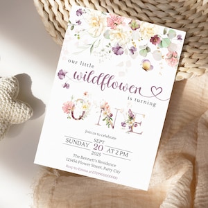 Editable Floral 1st Birthday Invite Wildflower Birthday Party Invite Template Garden Party Girl 1st Birthday Flower Invite Wildflower 01