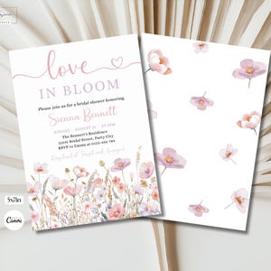 May include: A pink and white bridal shower invitation with the text "love in bloom" and floral illustrations. The invitation is for Sienna Bennett and includes the date, time, and location of the event.