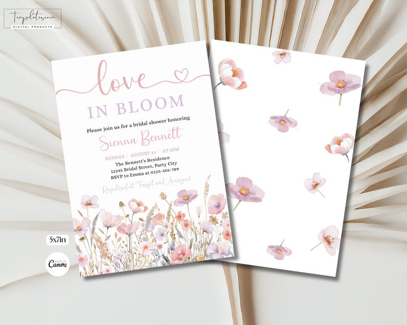 May include: A pink and white bridal shower invitation with the text "love in bloom" and floral illustrations. The invitation is for Sienna Bennett and includes the date, time, and location of the event.