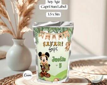Mickey Safari Capri Sun Labels Any Age Birthday Party Favor Custom Canva Digitally Download