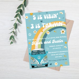 Editable Five Is Vibin&#39; 3 is Thrivin&#39; Birthday Party Invitation - Peace Love Party Rainbow Hippie Caravan Groovy Invite - Instant Download
