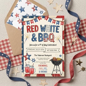 May include: A patriotic invitation with the text "Red White & BBQ" in red and blue. The invitation includes details for a 4th of July celebration, featuring fireworks, food, and friends. The design incorporates stars, stripes, and a barbecue grill.