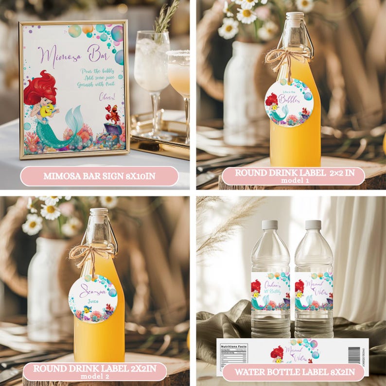 May include: A collection of mermaid-themed party decorations. Includes a framed "Mimosa Bar" sign, round drink labels, and water bottle labels. The designs feature a mermaid illustration, colorful bubbles, and floral accents. The sign is 8x10 inches.