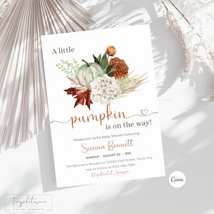 Fall Baby Shower Invitation A Little Pumpkin is On the Way Gender Neutral Baby Shower Boho  Invite Editable Template Cute Pumpkin Invitation