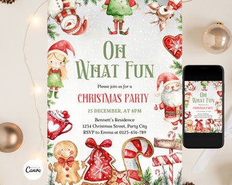 May include: A Christmas party invitation with watercolor illustrations of festive characters and sweets. The invitation reads "Oh What Fun" and includes party details. A smartphone displays the invitation.