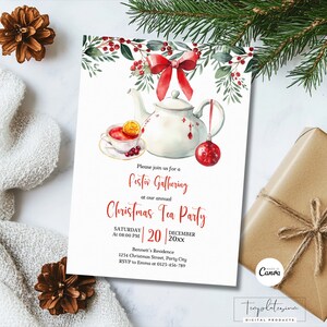 May include: A Christmas Tea Party invitation with watercolor illustrations. The design features a teapot, teacup, and ornaments, with text that reads "Festiv Gathering" and "Christmas Tea Party". The invitation is on a white background.