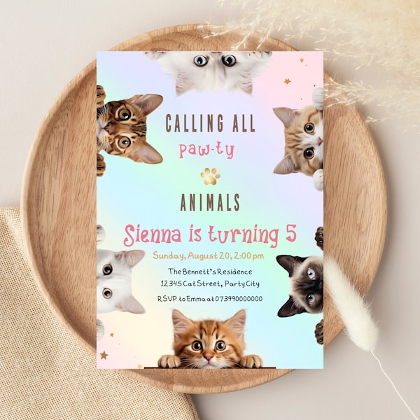 Editable Cat Invitation, Cute Cats Birthday Invite, Kitty Cat Birthday Party, Let's Pawty, Are You Kitten Me Right Meow, Digital Template