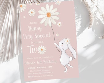 Editable Some Bunny is Two Invitation, Daisy Easter Bunny 2nd Birthday Invite, Bunny Birthday Party Invite, 2nd Birthday Daisy Party Invite