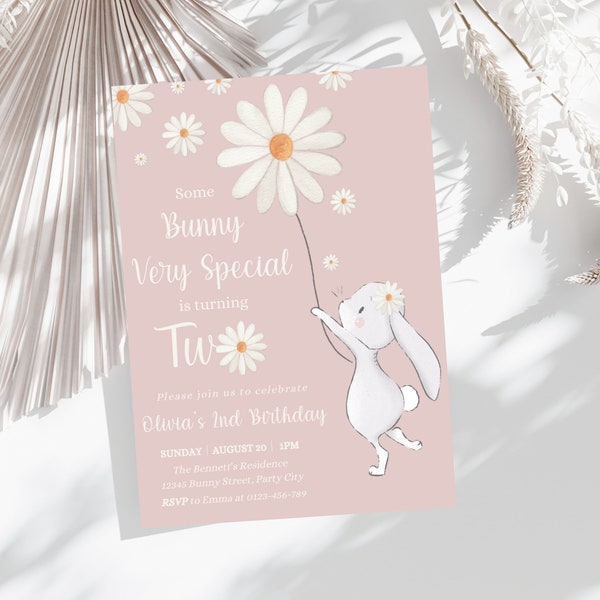 Editable Some Bunny is Two Invitation, Daisy Easter Bunny 2nd Birthday Invite, Bunny Birthday Party Invite, 2nd Birthday Daisy Party Invite