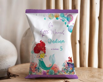 Modelo de embalagem para batata frita da Pequena Sereia, para qualquer idade, com tema da Ariel, personalizada no Canva.