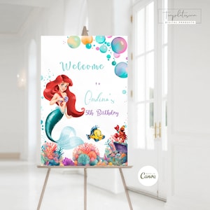 Cartello di benvenuto modificabile della Sirenetta, modello di decorazione per il compleanno di Ariel, cartello personalizzabile della principessa Ariel, modello di cartello di decorazione per il compleanno stampabile