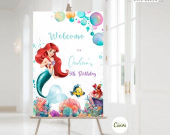 Letrero de bienvenida editable de La Sirenita, plantilla de decoración de cumpleaños de Ariel, letrero personalizable de la Princesa Ariel, plantilla de letrero de decoración de cumpleaños imprimible
