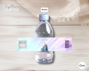 Etiquetas para botellas de agua de Frozen con Elsa, Anna y Olaf. Decoraciones para fiestas de cumpleaños. Plantilla imprimible personalizada de Canva.
