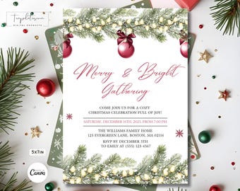May include: A festive Christmas invitation with the text "Merry & Bright Gathering." The design features watercolor illustrations of evergreen branches, string lights, and red ornaments. The invitation is 5x7 inches and includes event details.
