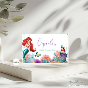 Cartões editáveis de barraca de aniversário da Pequena Sereia, modelo de decoração de aniversário da Ariel, cartão de agradecimento da Pequena Sereia, barraca de comida da Princesa Ariel