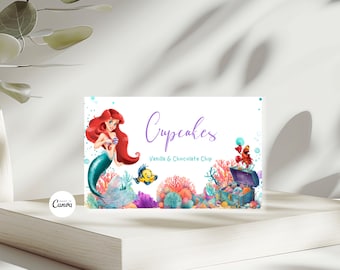 Editable Little Mermaid Birthday Tent Cards, Ariel Birthday Decor Template, The Little Mermaid Thank You Card, Princess Ariel Food Tent