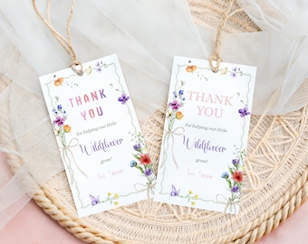Wildflower Thank You Tags, Floral Boho Favor Stationery, Personalized Garden Party Gift Card, Editable