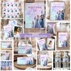 May include: A collection of Frozen-themed birthday party supplies. Includes banners, signs, invitations, treat boxes, water bottle labels, and cupcake toppers. The designs feature Elsa, Anna, Olaf, and a castle in shades of blue, purple, and pink.