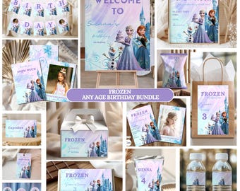 Paquete de decoraciones para fiesta de cumpleaños de Frozen para cualquier edad, paquete de Elsa, plantilla personalizada de Canva imprimible