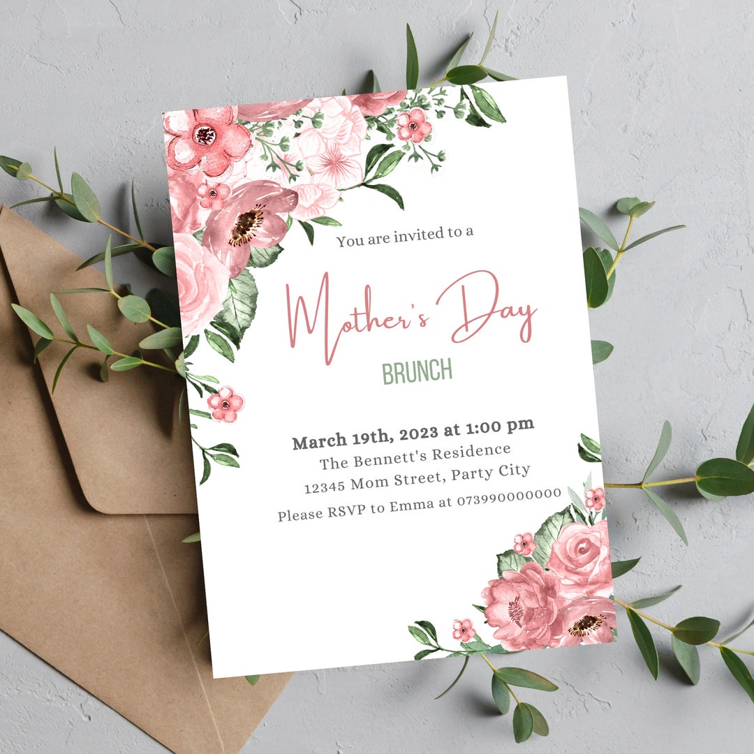 Editable Mother's Day Invitation Blush Pink Floral Mother's Day Brunch