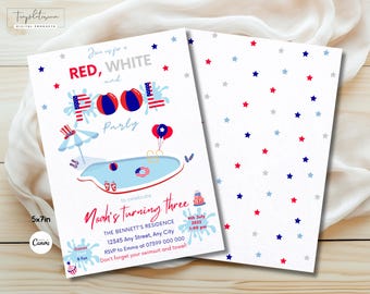 Editable Pool Party Invitation, 4th of July Red White Blue Summer Pool ...