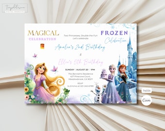 Convite de aniversário conjunto Frozen e Rapunzel Convite personalizado para festa de aniversário dupla Modelo de convite para festa conjunta de irmãos Festa de aniversário dupla com princesas