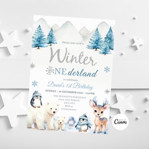 Bearbeitbare Winter Onederland-Einladung, Wunderland-Junge-Mädchen, einladen zum 1. Geburtstag, Eisbär-Arktis-Tiere, Waldwaldschablone einladen