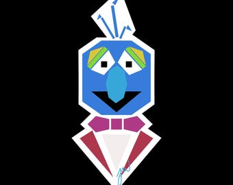 May include: Geometric illustration of a blue character with a large nose, black smile, and a white headpiece. The character wears a purple bow tie and a red and white suit. The background is black.