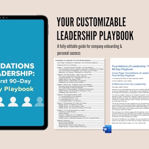 May include: A digital tablet displays "Foundations of Leadership: Your First 90-Day 90-Day Playbook" on a blue background. Accompanying text includes "Your Customizable Leadership Playbook" and a guide for company onboarding and personal success.