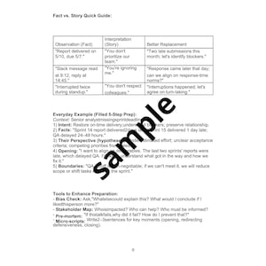 May include: A white document with black text, titled "Fact vs. Story Quick Guide." It includes tables with observations, interpretations, and better replacements. The document also features an everyday example and tools for preparation.
