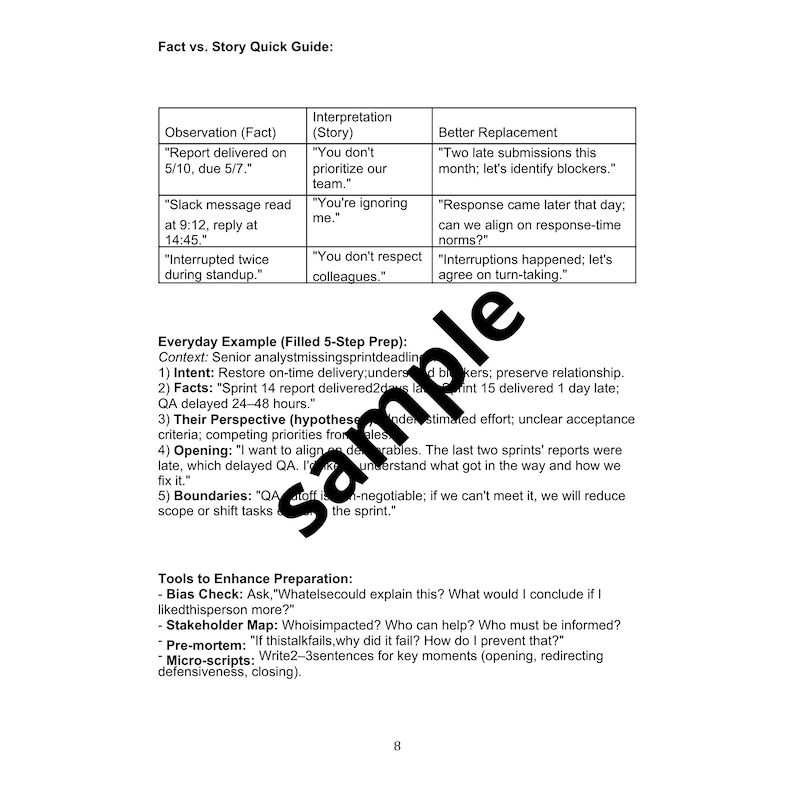 May include: A white document with black text, titled "Fact vs. Story Quick Guide." It includes tables with observations, interpretations, and better replacements. The document also features an everyday example and tools for preparation.