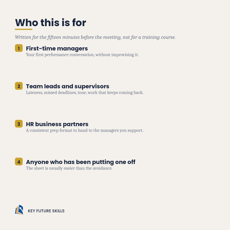 May include: A document titled Who this is for, listing four target groups: First-time managers, Team leads and supervisors, HR business partners, and Anyone who has been putting one off. The text includes descriptions for each group and the logo Key Future Skills.