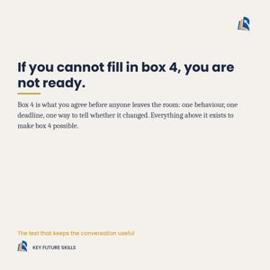 May include: A graphic with a cream background featuring the dark blue text: If you cannot fill in box 4, you are not ready. Below is the text: Box 4 is what you agree before anyone leaves the room: one behaviour, one deadline, one way to tell whether it changed. Everything above it exists to make box 4 possible. The logo for Key Future Skills is at the top and bottom.